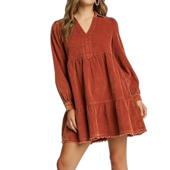 Umgee Babydoll Mini Dress Womens Size Large Corduroy Mineral Washed Pockets Rust - Picture 4 of 15